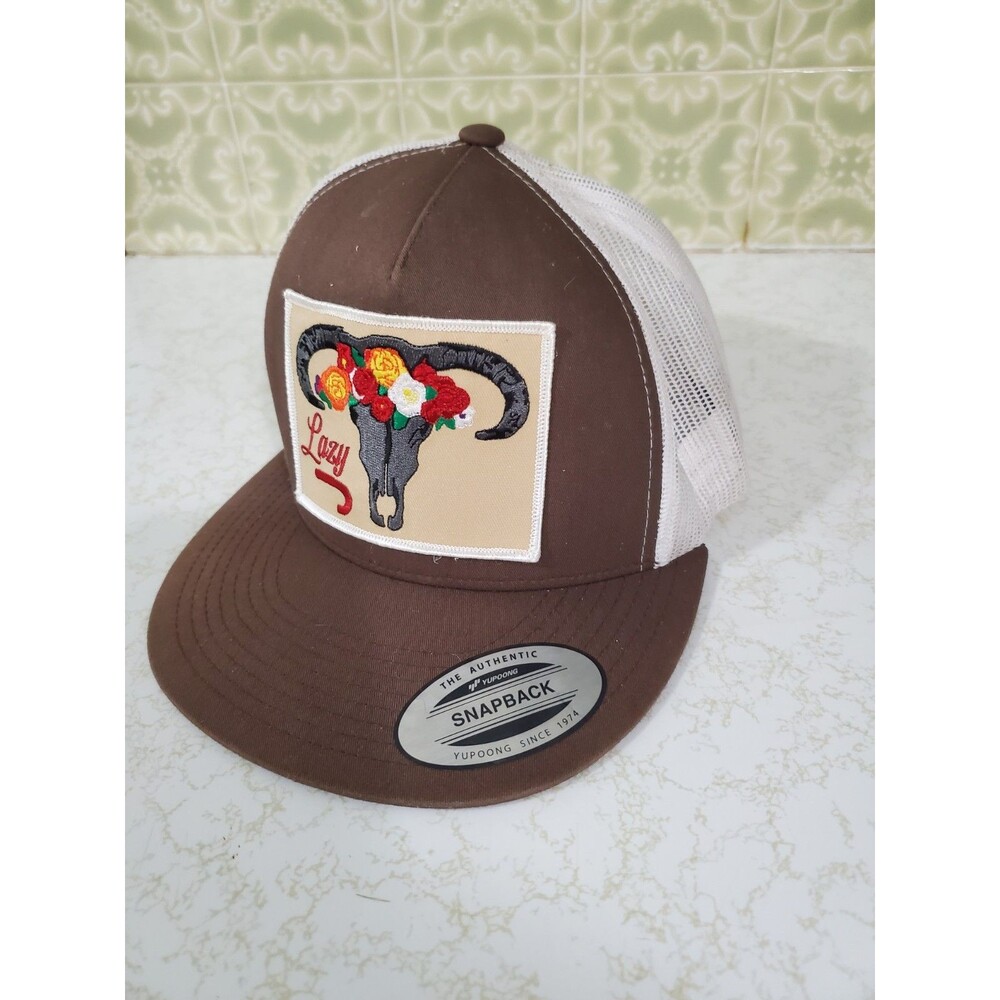Lazy J Bull Skull Flower Snapback Trucker Hat Yupoong One Size Mesh Back